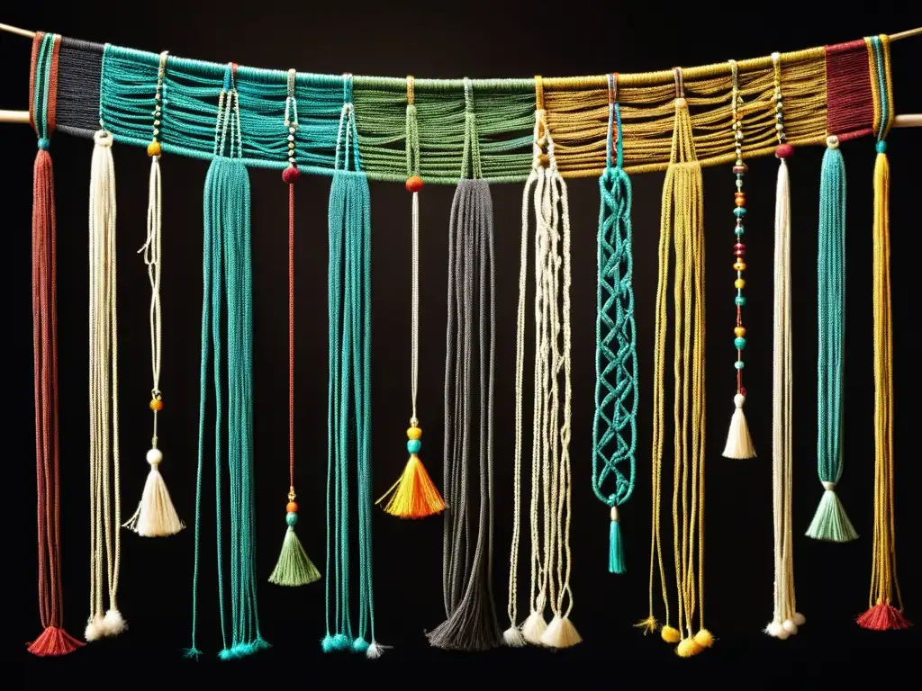 Un antiguo quipu andino con intrincados nudos y colores de hilos, en un fondo oscuro resaltando su textura y detalles