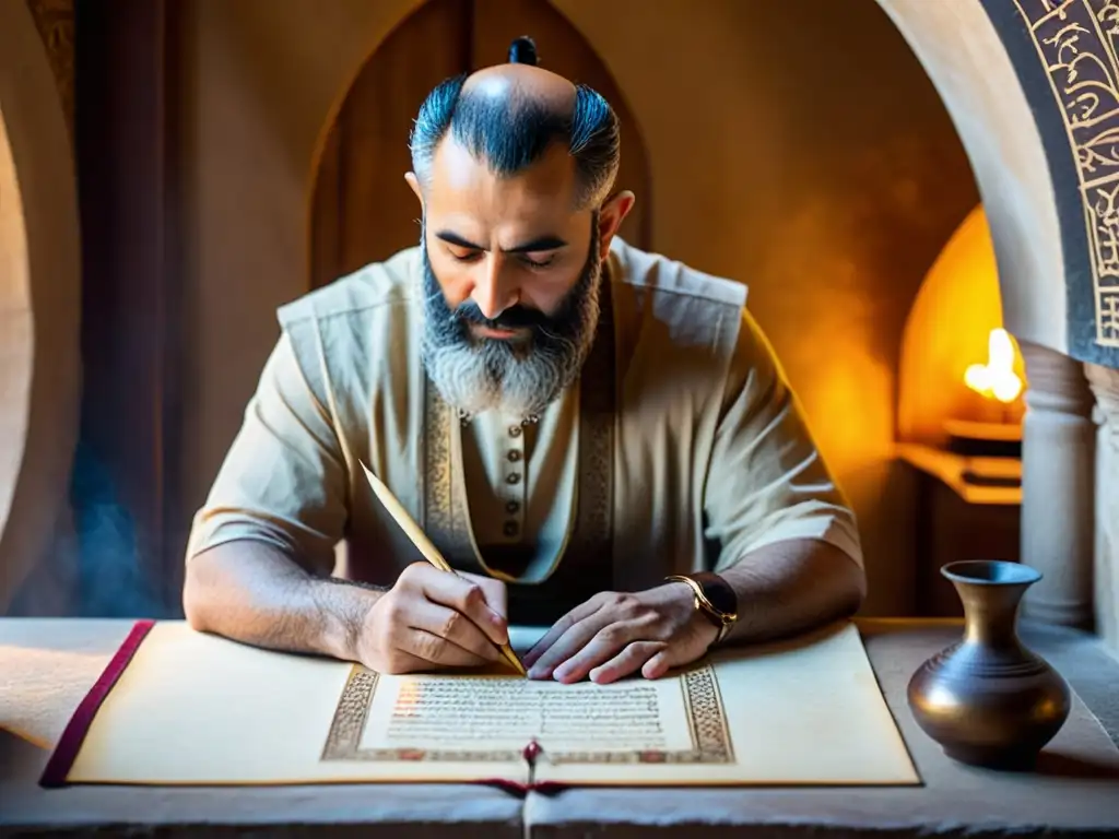 Un antiguo escriba armenio descifra letras cristianas con esmero en un scriptorium iluminado por luz dorada