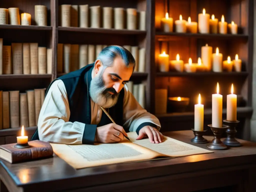 Un antiguo escriba armenio crea letras ornamentadas con una pluma en pergamino, rodeado de manuscritos y artefactos históricos