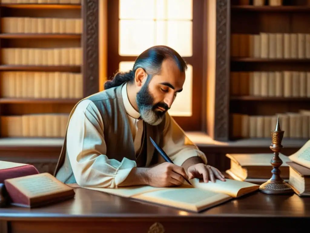 Un antiguo escriba armenio escribe en pergamino con pluma, rodeado de manuscritos