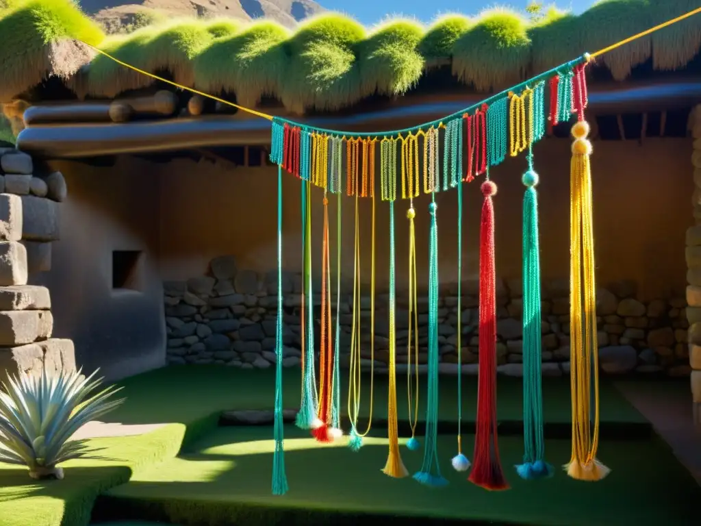 Un antiguo Quipu de colores cuelga entre ruinas incas