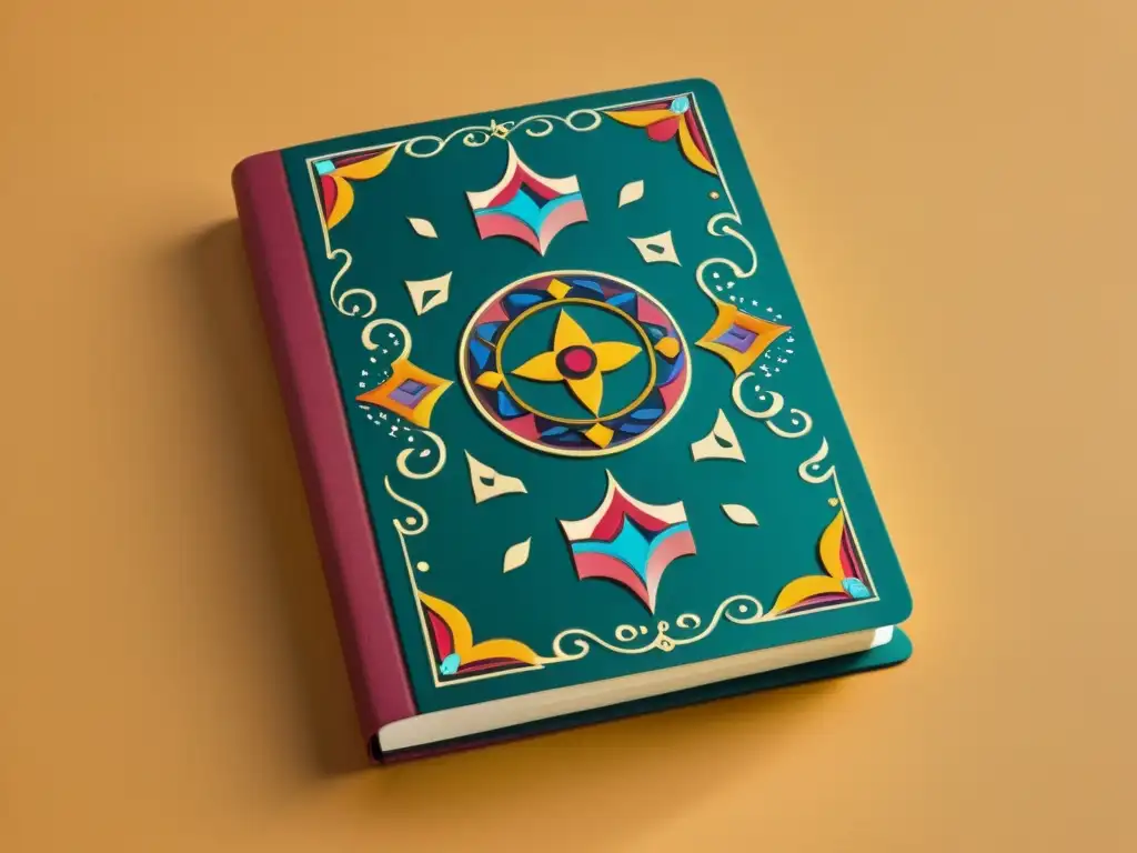 Un antiguo cuaderno con diseños mayas coloridos y detallados, mostrando la belleza de la escritura maya