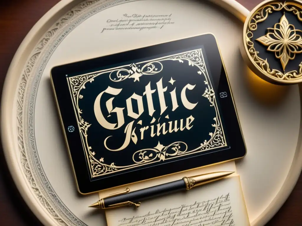 Renacimiento gótico: pluma antigua y caligrafía digital Un antiguo y detallado plumín gótico descansa sobre una moderna tableta, mostrando una hermosa caligrafía gótica digital