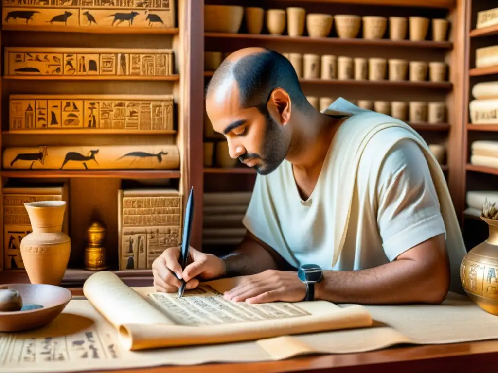 Un antiguo escriba egipcio inscribe jeroglíficos en un papiro con pluma de caña y tinta