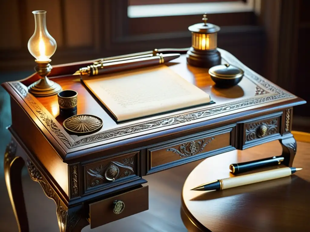 Un antiguo escritorio de madera con instrumentos de escritura vintage, iluminado por una cálida luz natural