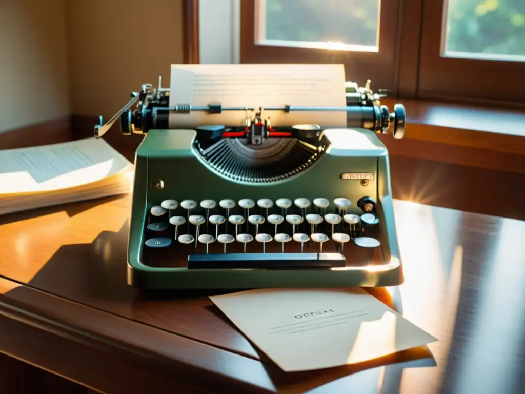 Un antiguo escritorio de madera con una máquina de escribir vintage y documentos oficiales, bañados por la cálida luz del sol