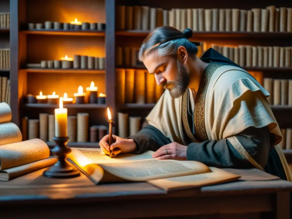 Un antiguo escriba eslavo transcribe textos meticulosamente en pergamino, rodeado de pergaminos y libros en un scriptorium iluminado por velas