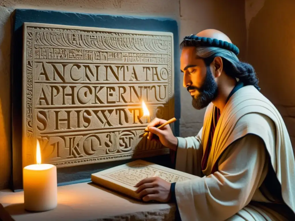 Un antiguo escriba fenicio tallando el alfabeto en una tableta de piedra en una habitación tenue