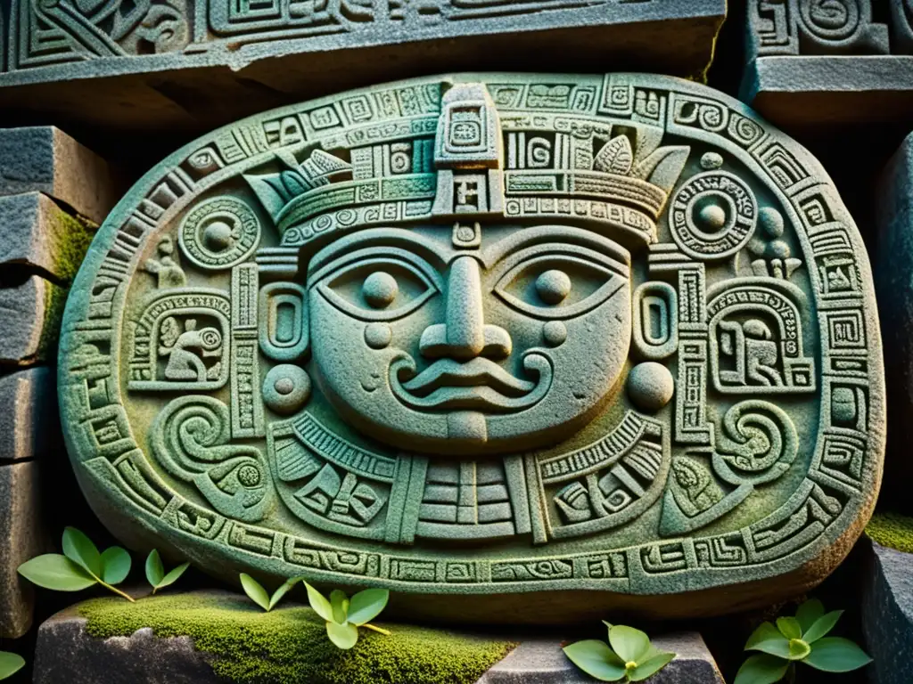 Antiguo glifo maya esculpido en piedra, representando la rica herencia cultural y artística de los símbolos glifos mayas en las artes escénicas