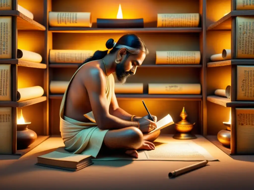 Ilustración detallada de un antiguo escriba indio en 8k Un antiguo escriba indio escribe en un manuscrito de hoja de palma entre rollos de pergamino, rodeado de símbolos tallados y luz cálida