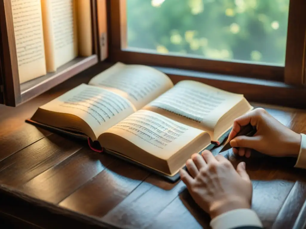 Antiguo libro de alfabeto armenio en un escritorio de madera con luz natural, evocando herencia y tradición