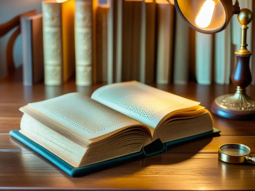 Antiguo libro de braille y lupa vintage sobre mesa de madera iluminados por luz cálida, evocando conocimiento atemporal y la importancia de las mejores aplicaciones braille tecnología