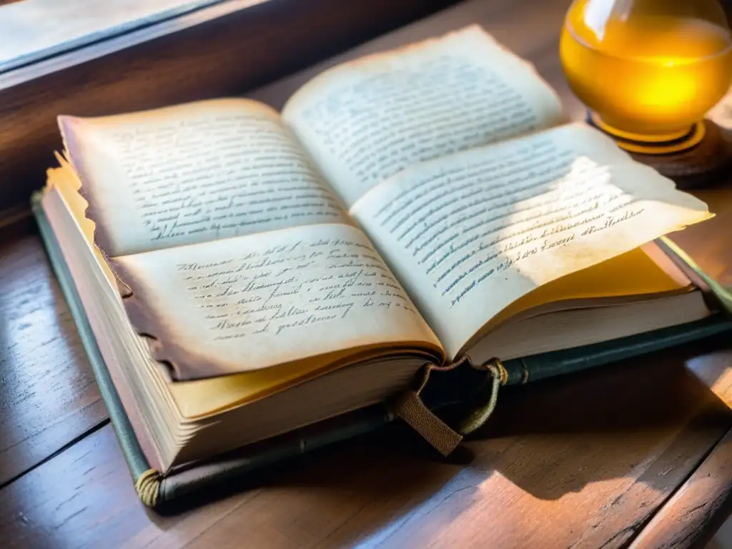 Un antiguo libro desgastado y con una cubierta de cuero descolorida descansa abierto en una mesa de madera, revelando notas manuscritas en cursiva