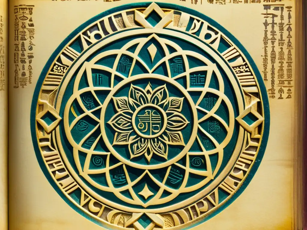 Antiguo manuscrito con mandala y alfabetos antiguos, evocando misterio y sabiduría