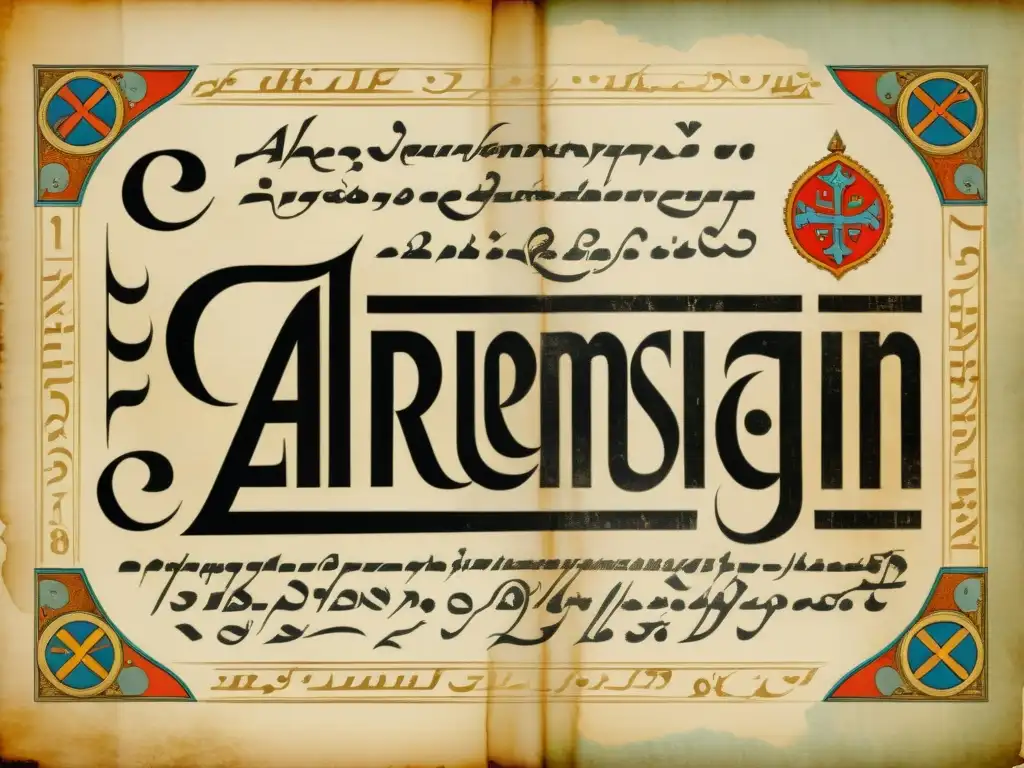 Antiguo manuscrito con alfabetos armenio y georgiano, caligrafía detallada y elementos decorativos