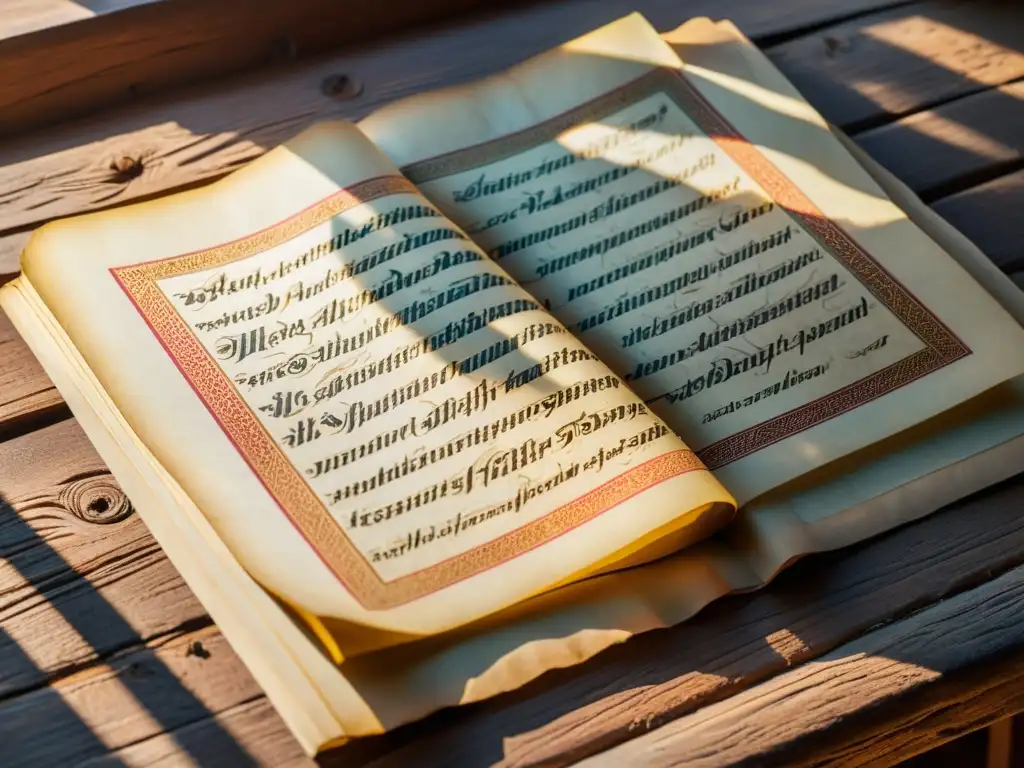 Antiguo manuscrito con caligrafía detallada en sistemas de escritura Asia Central, iluminado por luz dorada en una mesa de madera envejecida