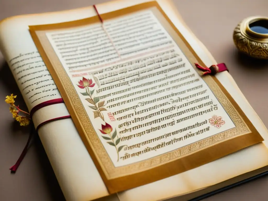 Un antiguo manuscrito en Prácrito con caligrafía ornamental, ilustraciones detalladas y tonos sepia, evocando sus orígenes y evolución