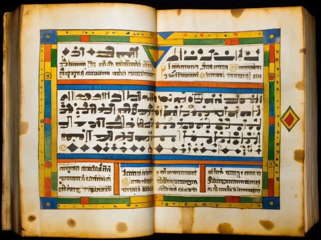 Antiguo manuscrito etíope ricamente decorado con escrituras Ge'ez y Amárico, ilustraciones detalladas y vibrantes colores, mostrando escenas religiosas y símbolos