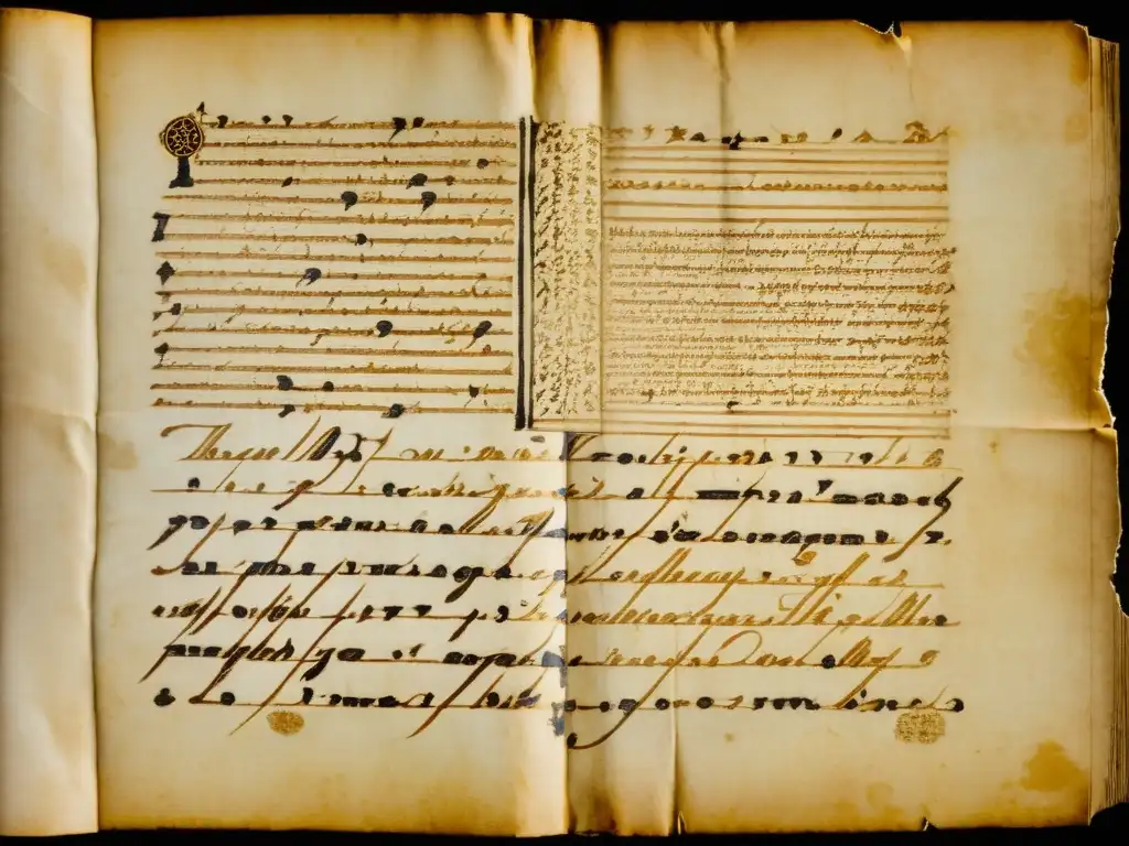 Un antiguo manuscrito desgastado con intrincada caligrafía en un idioma perdido, iluminado suavemente