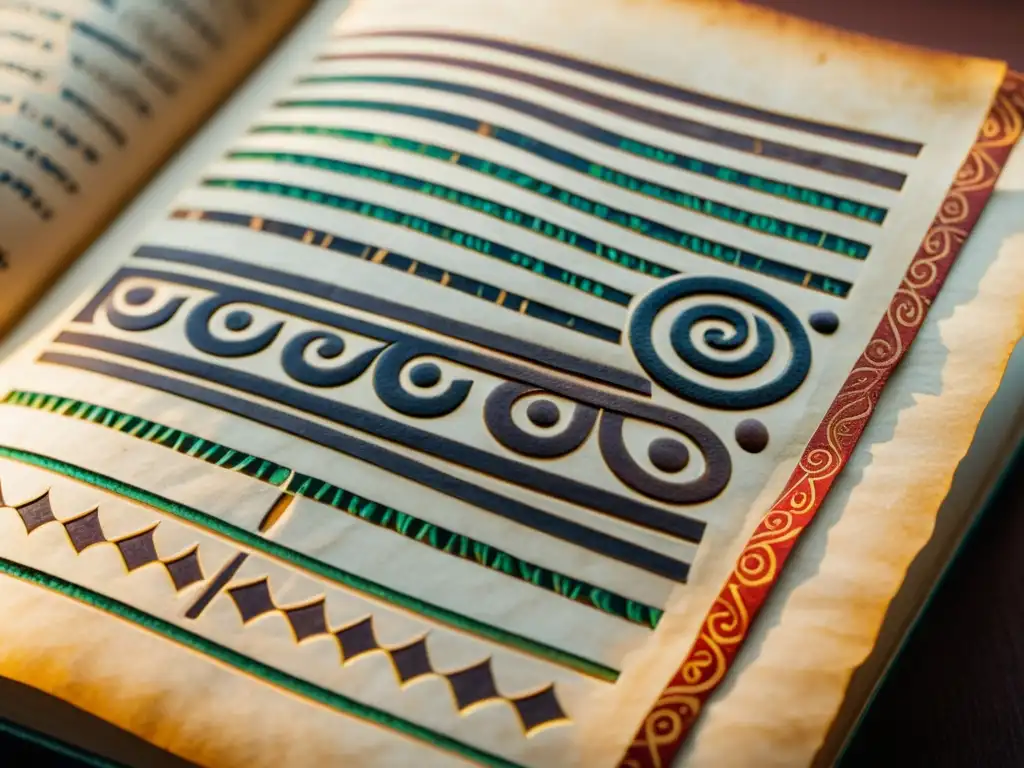 Manuscrito antiguo con diseños indígenas Antiguo manuscrito con diseños indígenas en tonos cálidos, evocando diversidad cultural y tradición