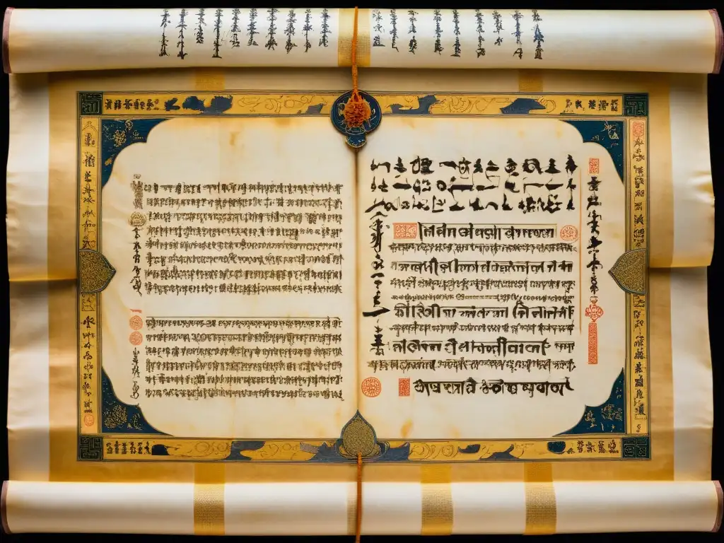 Un antiguo manuscrito con escritura Tengwar en una ceremonia religiosa en un escenario místico