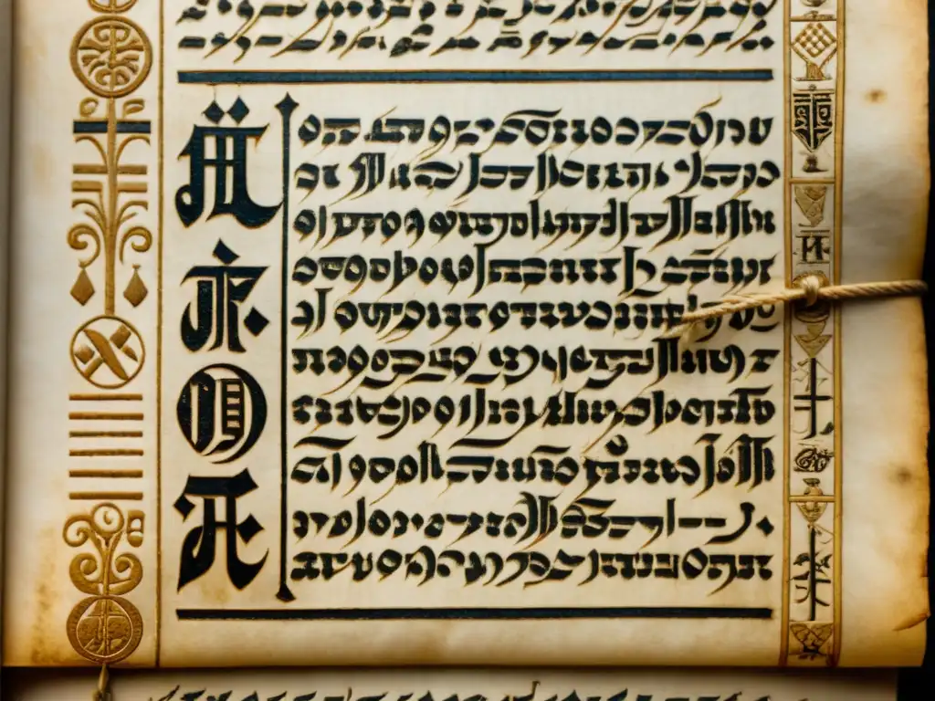 Un antiguo manuscrito en Glagolítico con detalles intrincados y símbolos históricos, evocando los orígenes del alfabeto Glagolítico