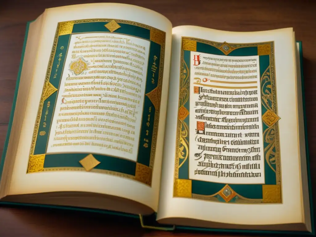 Manuscrito vintage iluminado con detalles dorados Antiguo manuscrito iluminado con detalles dorados, evocando la riqueza cultural de los sistemas de escritura en manuscritos