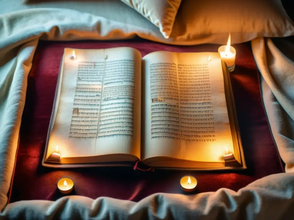 Un antiguo manuscrito iluminado por la luz de las velas y reposando sobre un cojín de terciopelo