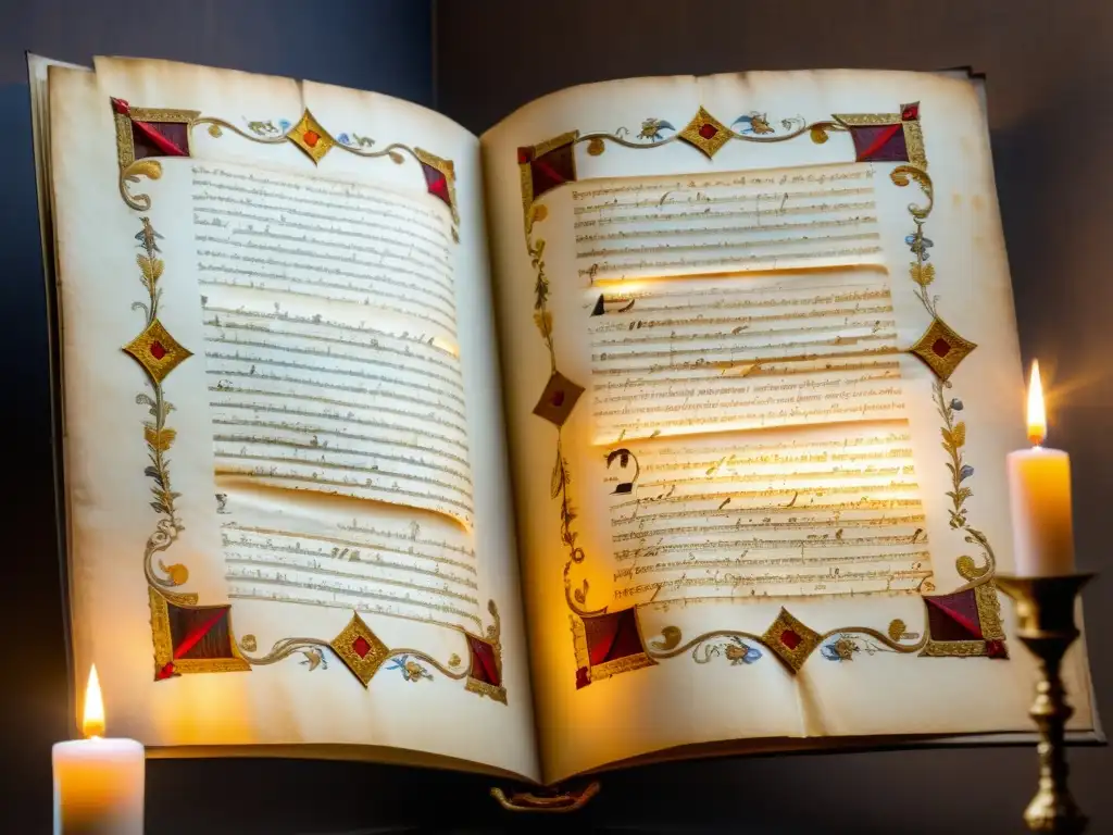 Un antiguo manuscrito iluminado por la suave luz de las velas, con intrincada caligrafía y detalles en oro