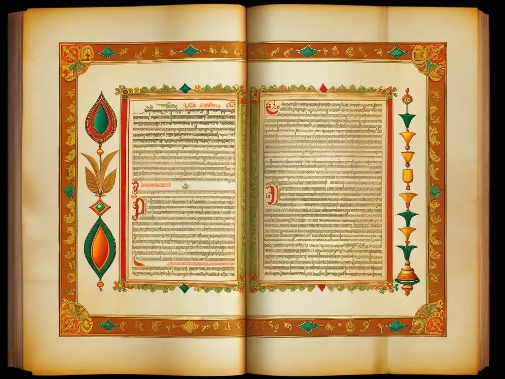 Antiguo manuscrito indio con caligrafía sánscrita, colores vibrantes y escenas de la mitología hindú