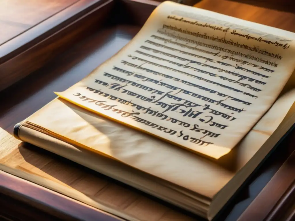 Antiguo manuscrito en lectern de madera, bañado en luz cálida