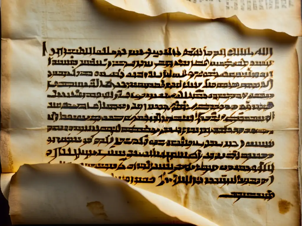 Un antiguo manuscrito del Mar Muerto revela un lenguaje oculto en hebreo, iluminado por una cálida luz, transmitiendo autenticidad histórica