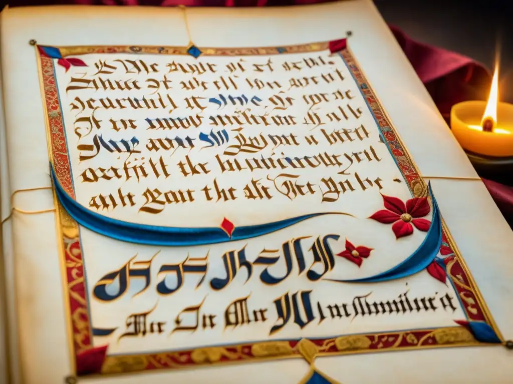 Un antiguo manuscrito medieval con exquisita caligrafía gótica iluminada en tonos rojos, azules y dorados, revelando su belleza y antigüedad