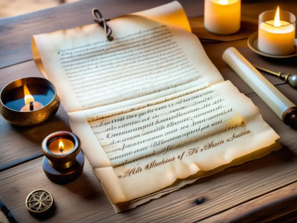 Un antiguo manuscrito de pergamino con caligrafía y decoraciones, iluminado por una vela