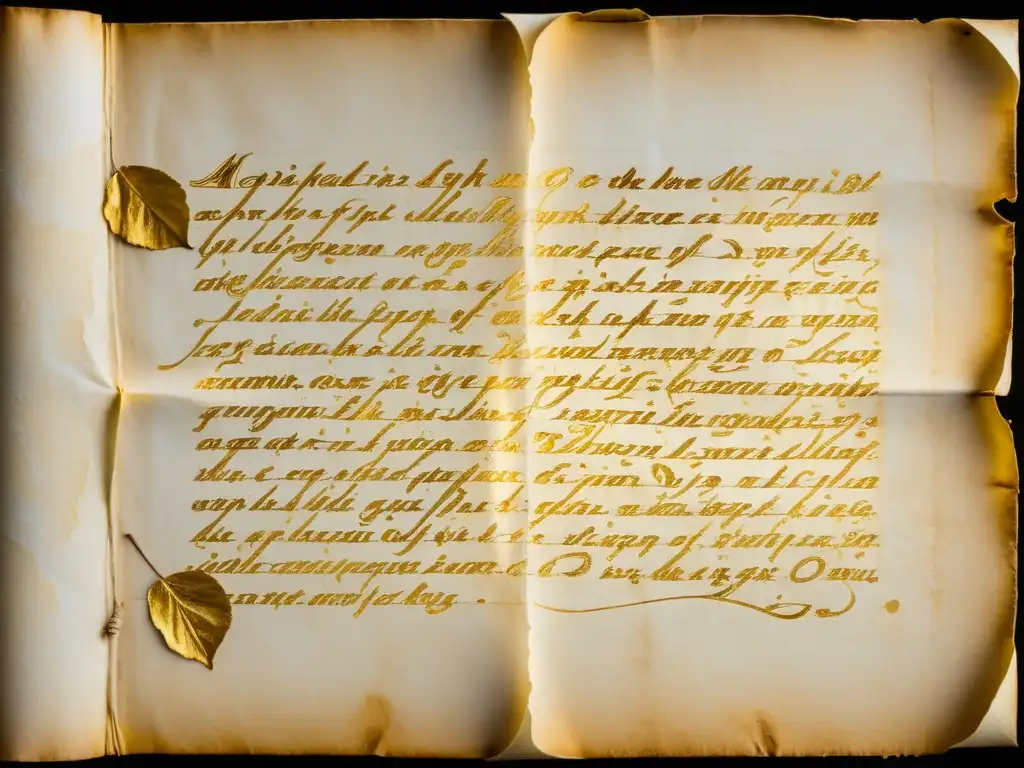 Un antiguo manuscrito en pergamino con caligrafía detallada y toques de oro