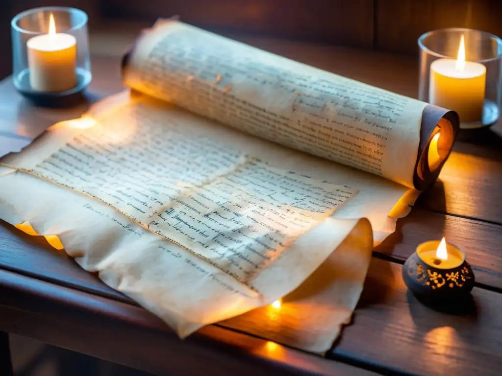 Antiguo manuscrito en pergamino iluminado por velas, evocando misterio e historia para métodos científicos datar escrituras antiguas