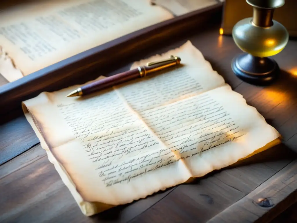 Un antiguo manuscrito en pergamino descansando sobre una mesa de madera, iluminado por luz dorada