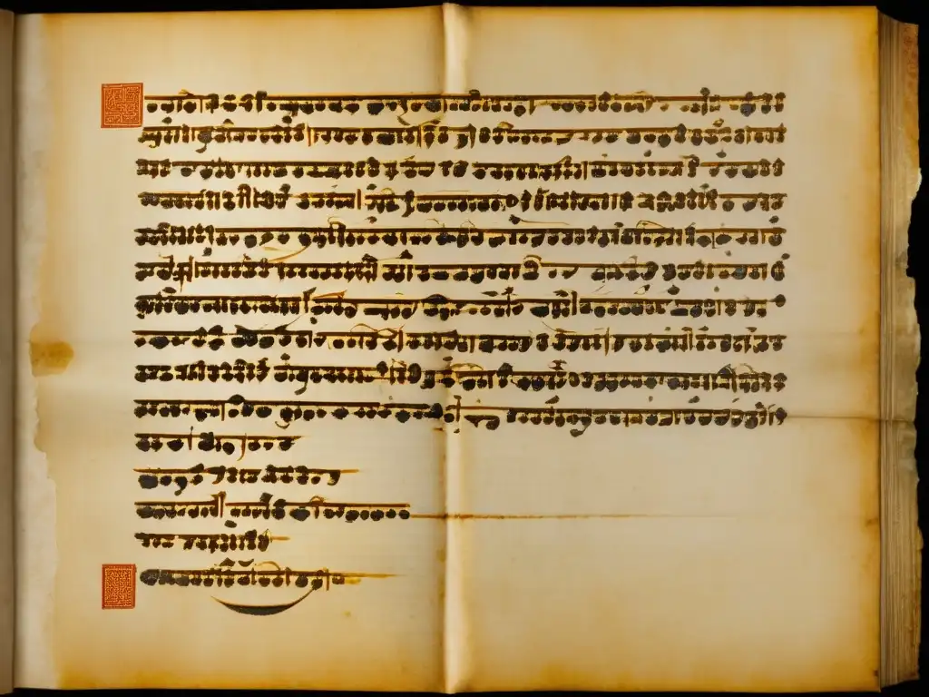 Un antiguo manuscrito prácrito desgastado con intrincada caligrafía, evocando la historia y la traducción de sistemas de escritura prácrito