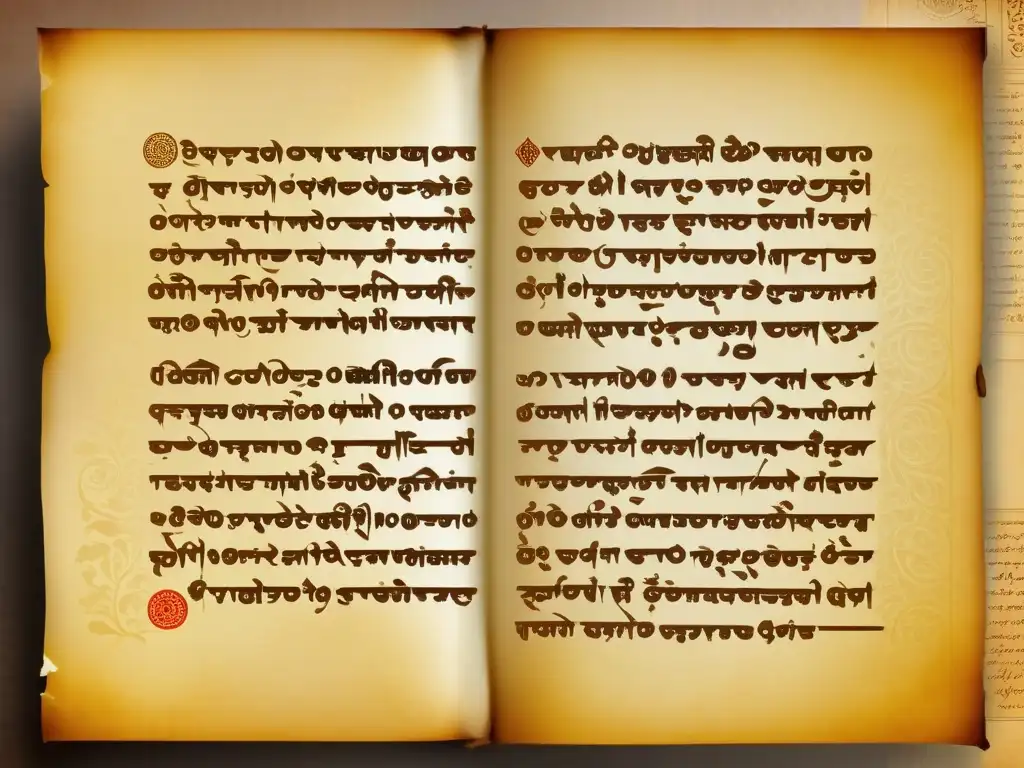 Antiguo manuscrito en sánscrito con delicados diseños y letras en papel envejecido, evocando la historia y los sistemas de escritura del sánscrito