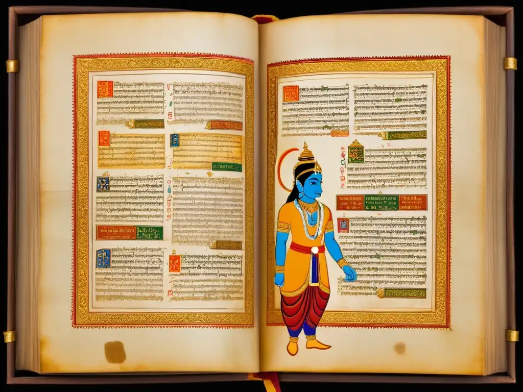 Antiguo manuscrito sánscrito de India: caligrafía delicada y escenas de la mitología hindú en vibrantes colores y hoja de oro