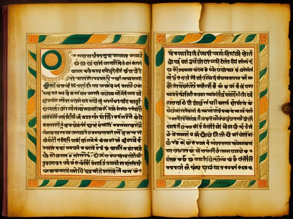 Antiguo manuscrito hindú en sánscrito, evocando la reverencia y la importancia histórica de los Sistemas de escritura del hinduismo