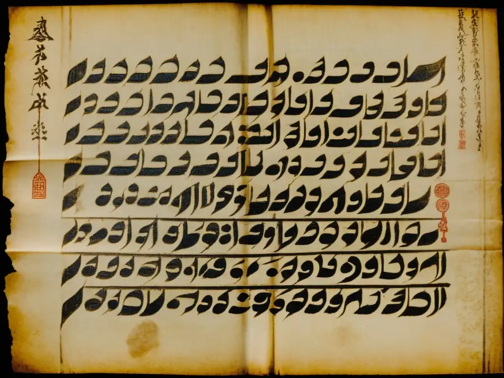 Una fotografía vintage de un antiguo manuscrito con sistemas de escritura raros del mundo, evocando misterio y significado histórico