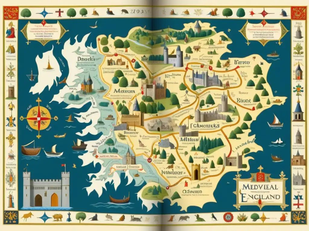 Un antiguo mapa detallado de la Inglaterra medieval, ilustrando castillos, iglesias y pueblos