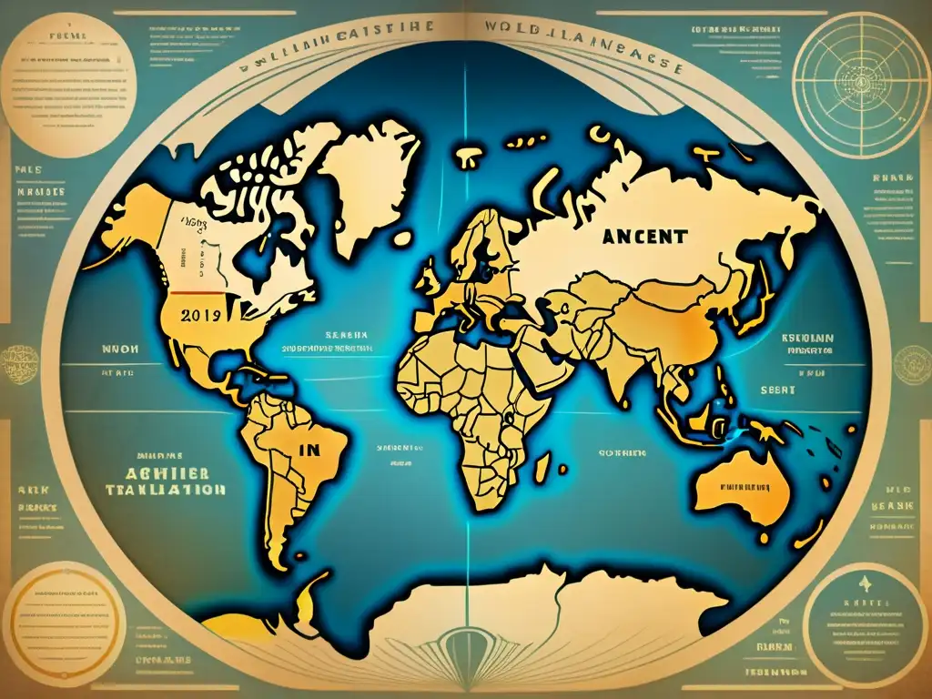 Un antiguo mapa del mundo con detalles intrincados, mostrando localizaciones de civilizaciones antiguas y sus respectivos idiomas perdidos