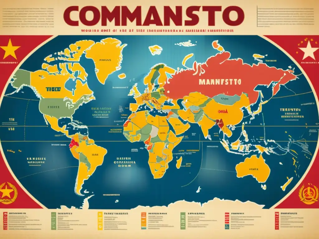 Un antiguo mapa del mundo con traducciones del Manifiesto Comunista en diferentes idiomas, mostrando su impacto global