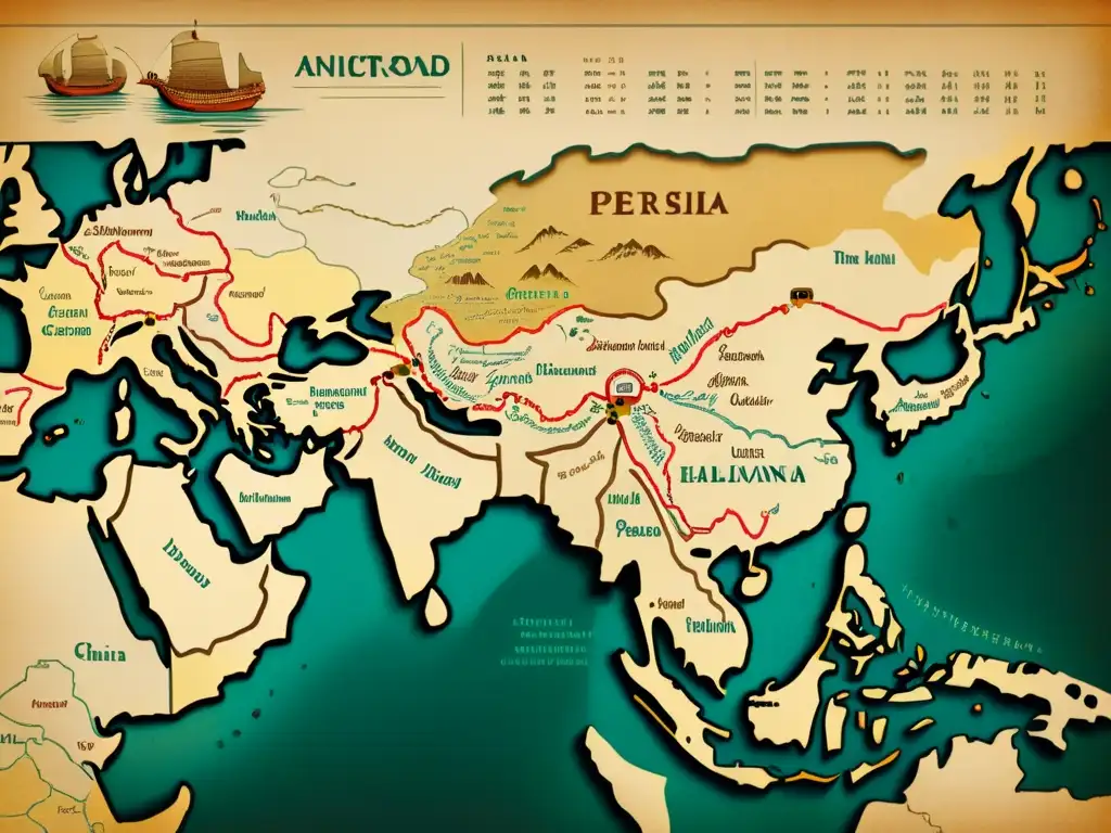 Un antiguo mapa de la Ruta de la Seda, con rutas detalladas, ilustraciones intrincadas y escritura multilingüe