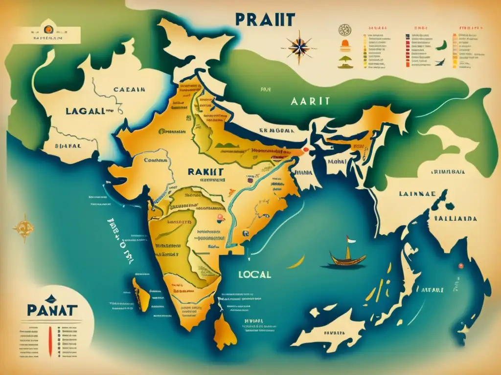 Un antiguo mapa detallando las variaciones regionales del idioma Prácrito en la India, con ilustraciones de script y símbolos culturales