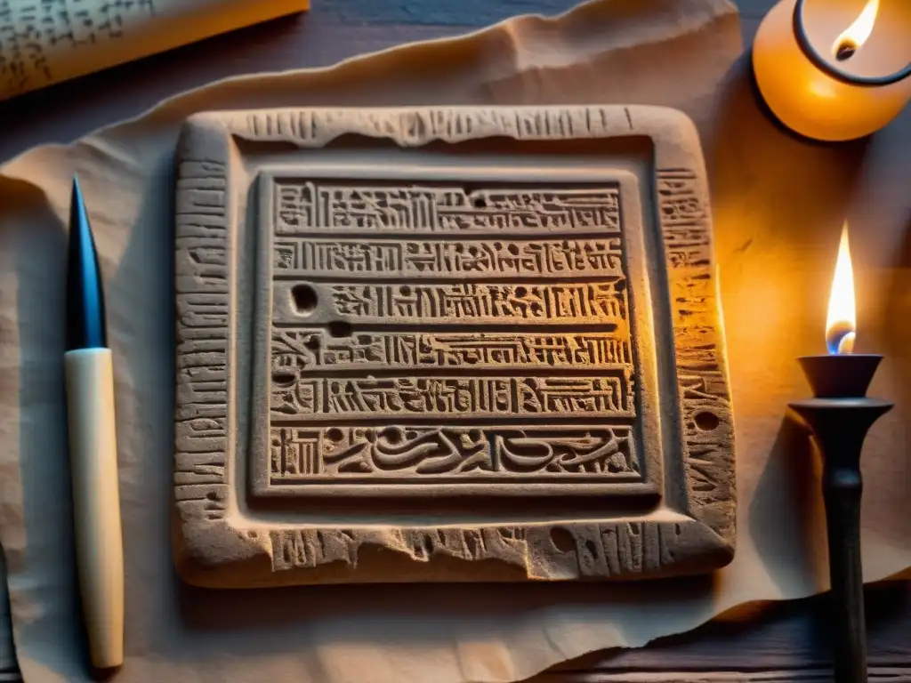 Tableta sumeria: legado antiguo en luz cálida Antiguo material didáctico para escribir cuneiforme, representando la historia sumeria con texturas y luces cálidas