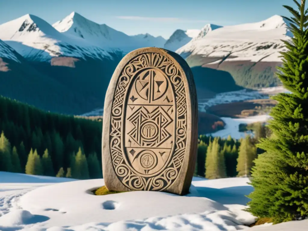 Un antiguo menhir rúnico de madera en un paisaje nórdico, evocando la enigmática belleza de los sistemas de escritura nórdicos educativos