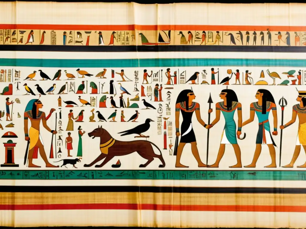 Un antiguo papiro egipcio desenrollado con intrincadas inscripciones jeroglíficas y bellas ilustraciones de la vida diaria en Egipto